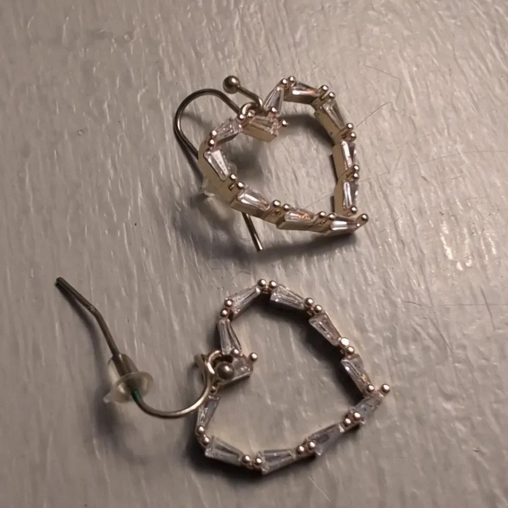 Playful Gold Tone Metal Heart Earrings Baguette Stone Shape